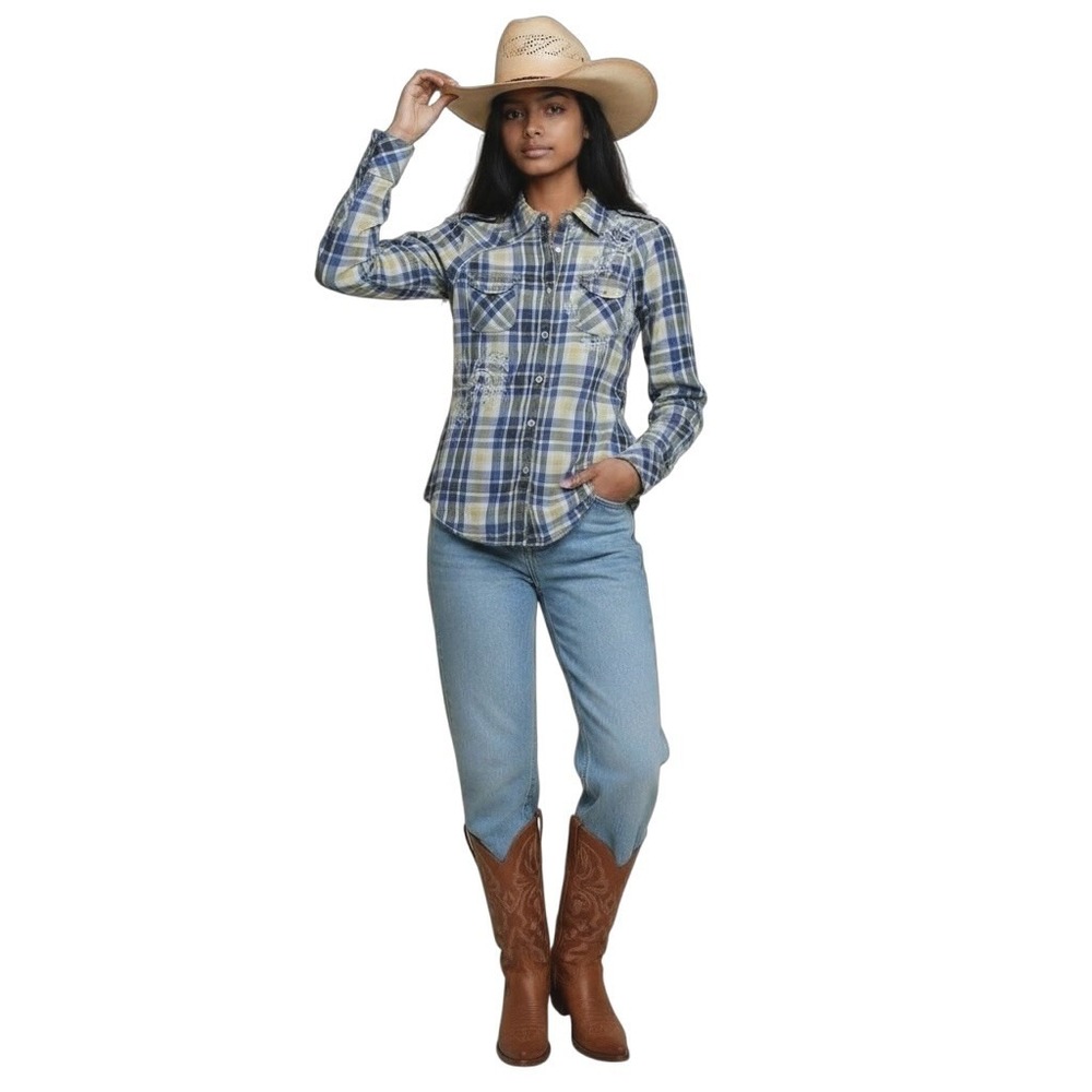 Roar Plaid Western Shirt Top M Buttons Blue Embroider Embellished Cowgirl Rodeo